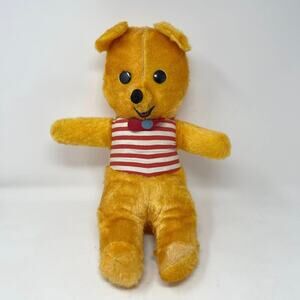 Vintage Genie Toys Orange Plush Bear w/Red & White Striped‎ Shirt